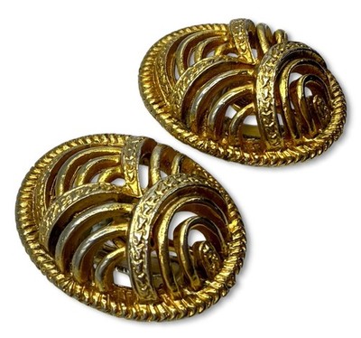 Vintage Coro Oval Gold Tone Classy Modernist Waves Clip Earrings