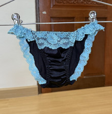 Vintage Shiny Black String Panty Sheer Blue Nylon Lace Bikini Hi Leg Briefs Sz.5