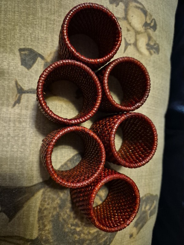 Vintage Woven Rattan Napkin Rings Set of 6 Dark Brown Wicker Boho Table Decor