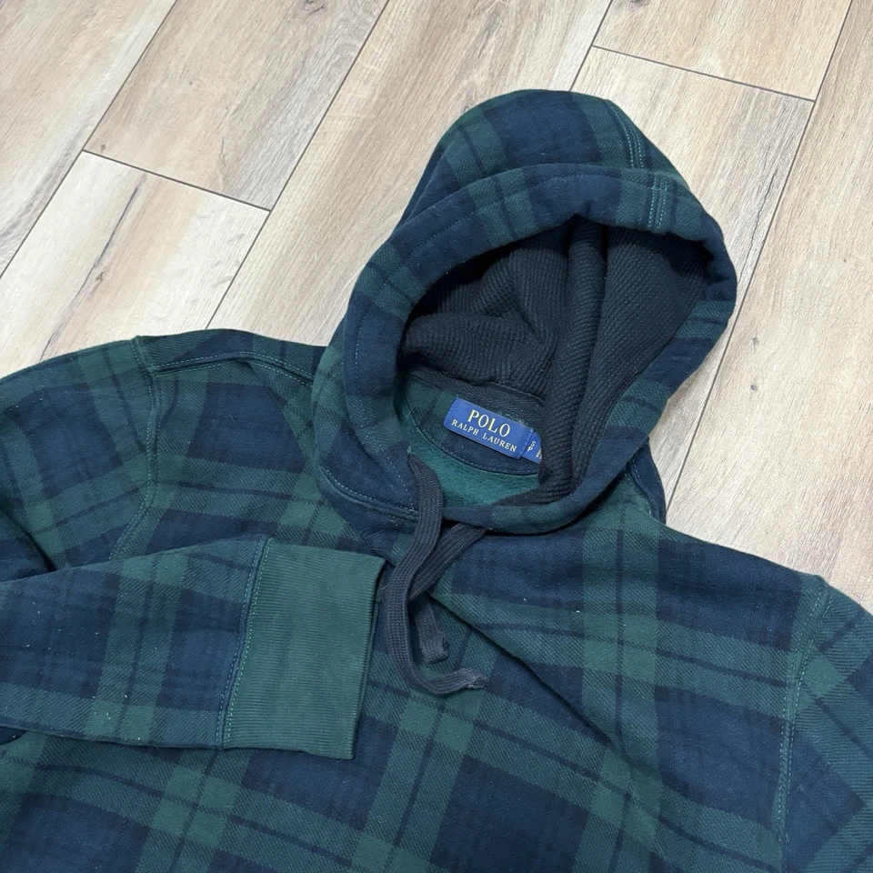 Polo Ralph Lauren Pullover Fleece Thermal Hoodie Plaid Green Size Small S Used - Image 3 of 4