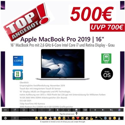 Apple MacBook Pro TouchBar 16  Core i7 2,6Ghz-500GB-SSD-16GB-CO2FFG#Sehr Gut