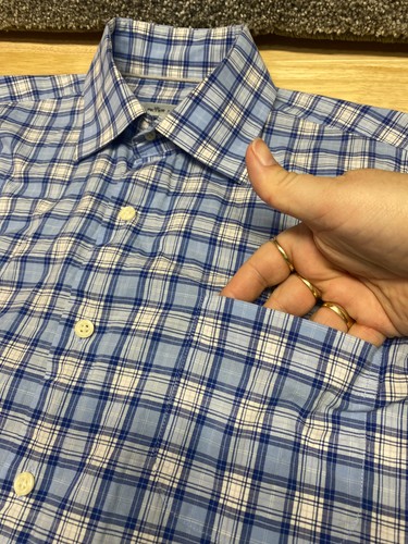 Peter Millar Mens Medium Blue Plaid Button Up Long Sleeve Shirt Pocket Cotton - Picture 4 of 13