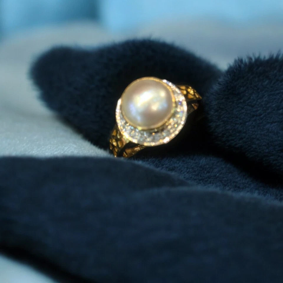 Pave 4,30 Cts Rond Taille Brillante Diamants Perle Bague Mariage Or Jaune 14K - Photo 4/4