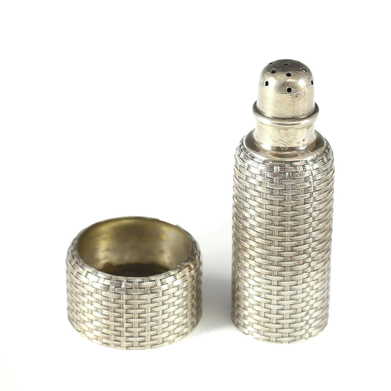 2pc Sterling Silver Basket Weave Salt Shaker & Salt Cellar by Wh