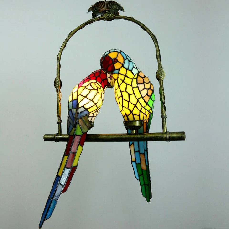 Tiffany Stained Glass 2 Parrots Chandeliers Home Lighting Pendant Ceiling Lamps - Image 3 of 4