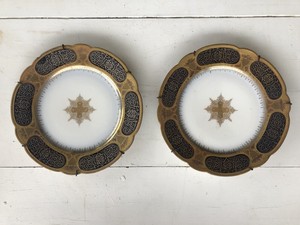 Antique D&C Limoges French Porcelain Black & Gold Salad Plates With Wall Hangers
