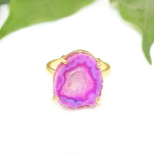Natural Petrol Pink Geode Druzy Prong Settings 24K Gold Plated Adjustable Rings