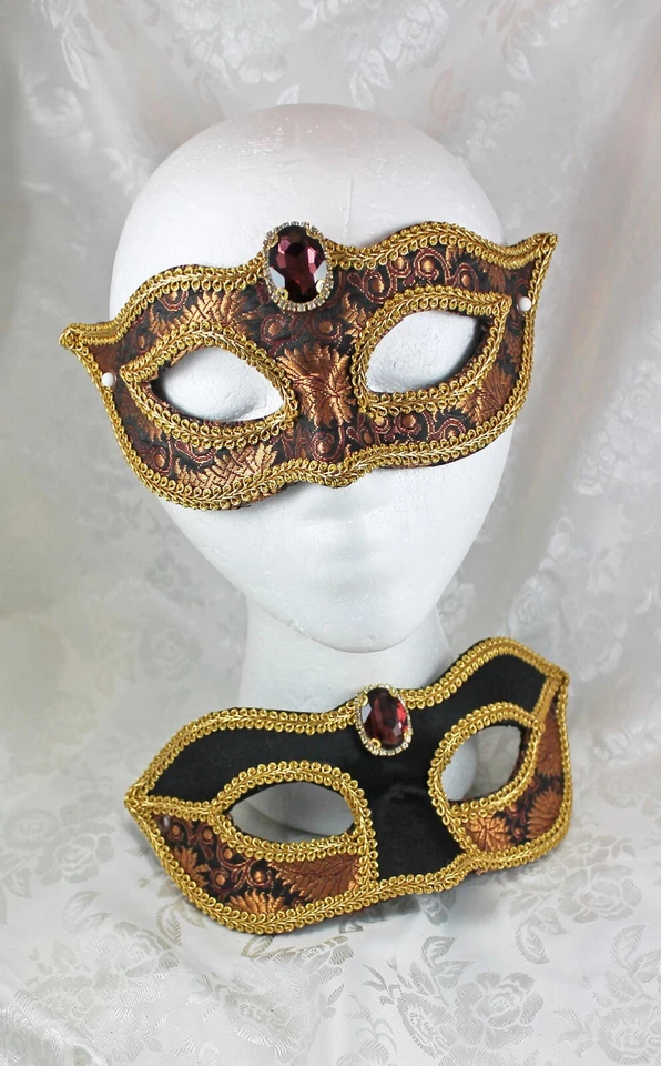 Handmade Couples Masks, Bronze Black Brocade Flexible Masquerade Ball Masks - Image 2 of 3