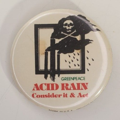 Vintage Greenpeace Acid Rain  Consider It And Act  Pinback Button  skull image