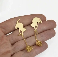 Gold Cat Playing with Yarn String Earrings Dangle Kitty Animal Lover Cute Unique