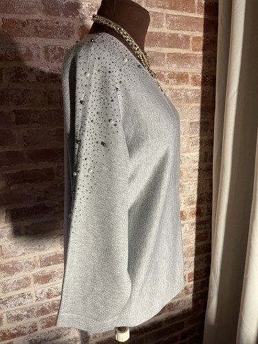 Calvin Klein Gray Knit Sweater 3/4 Sleeve Studded Beaded Shoulders Size Medium - Picture 2 of 6