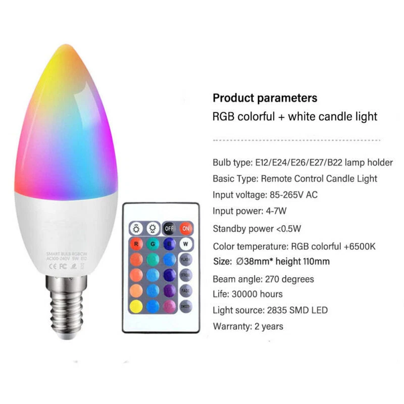 Candle LED Bulb Smart RGB Light Bulbs Remote Dimmable E12/E14/E26/E27/B22 HOT - Image 4 of 4