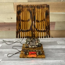 Rustic Stone Fireplace Table Lamp Fire Lights Up ~ Cabin Decor Real Rock Agate