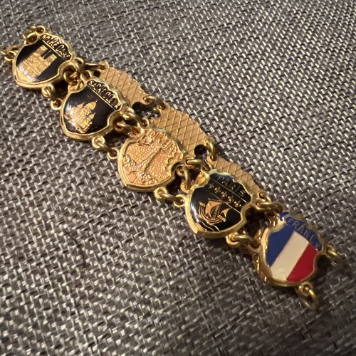 1940s Brass Tone Linked Seven Panel Paris Landmark Souvenir Bracelet 7" Vintage - Picture 12 of 12