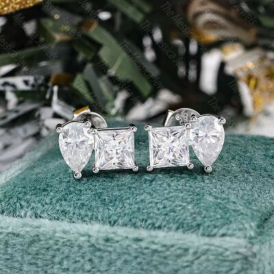 2.98TCW Princes & Pear Moissanite Push Back 2-Stone Earrings 925 Sterling Silver