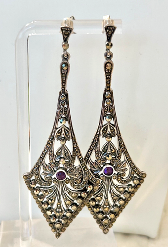 Stunning Vintage Art Deco Style Sterling Silver Marcasite Amethyst Drop Earrings