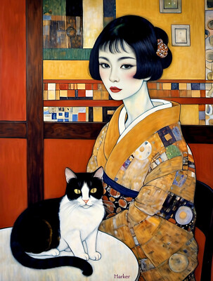 Japanese Woman and Cat in Café 8.5x11'' Photo Print Style G. Klimt / Harker Art