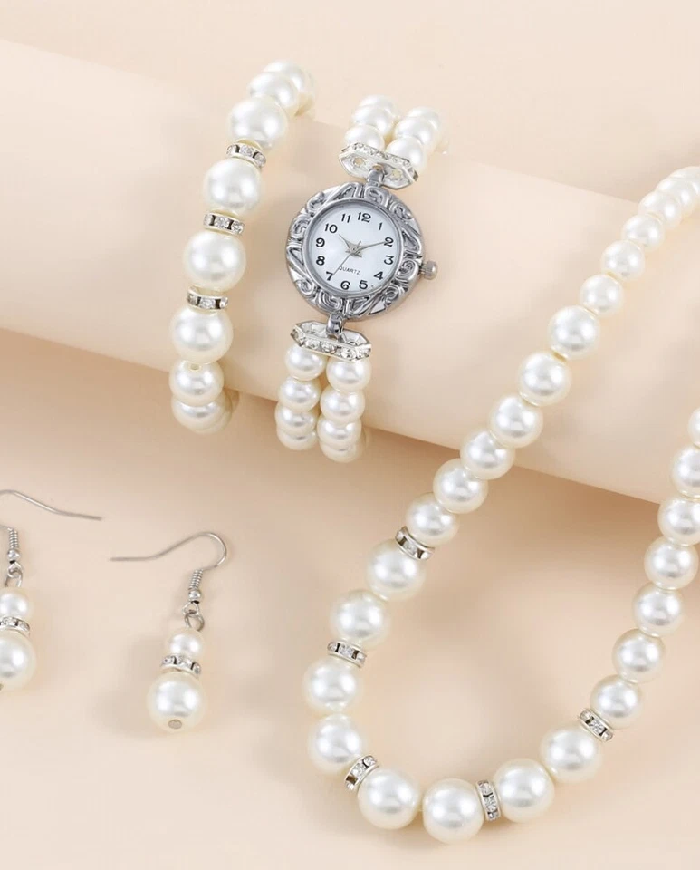 Perlen Schmuckset Uhr Kette Armband Ohrringe Weiß 4-Teile Braut Geschenk Set Box - Bild 2 von 4