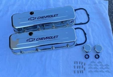 BBC Steel TALL Valve Covers CHROME w/ BLACK Chevrolet Logo 65-95 396-454 KIT NEW