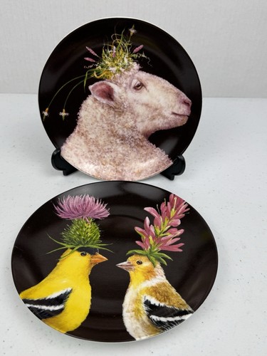 2 Vicki Sawyer Art Wild Wooly Dessert Plates Wall Decor Goldfinch Sheep Flowers