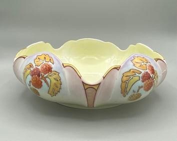 Hand Painted Bowl Raspberry Antique Unusual Shape 3 1/2'' High By 9'' Diameter