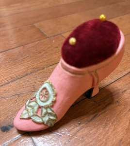 Pink High Heel Shoe Shaped Pincushion with Burgundy Pincushion Top