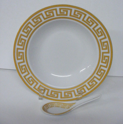 MEI XIANG Fine Porcelain Dinnerware Gold Greek Key Rim Design Soup Bowl & Spoon