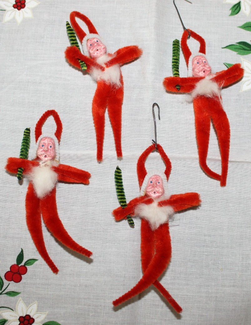 Vintage Christmas Chenille Pipe Cleaner Santa Clay Face Ornaments set of 4