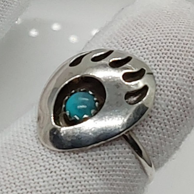 Sterling Silver Bear Paw Ring Turquoise Cabochon Southwestern Sz 5.25 1.35g