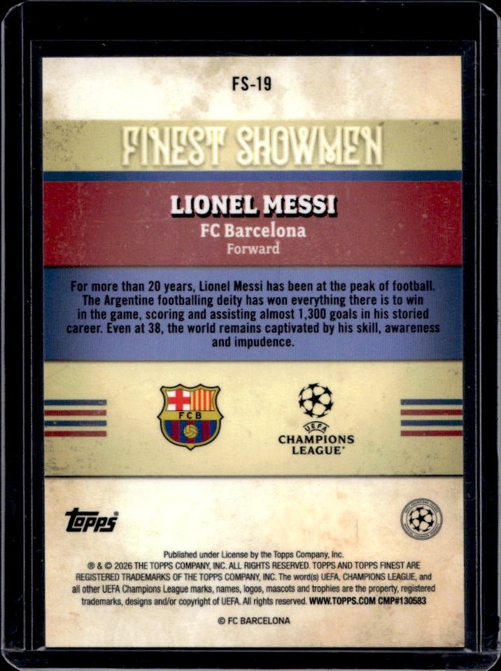 2025-26 Topps Finest UEFA Club Competition Lionel Messi Showmen #FS-19 Barcelona view 2