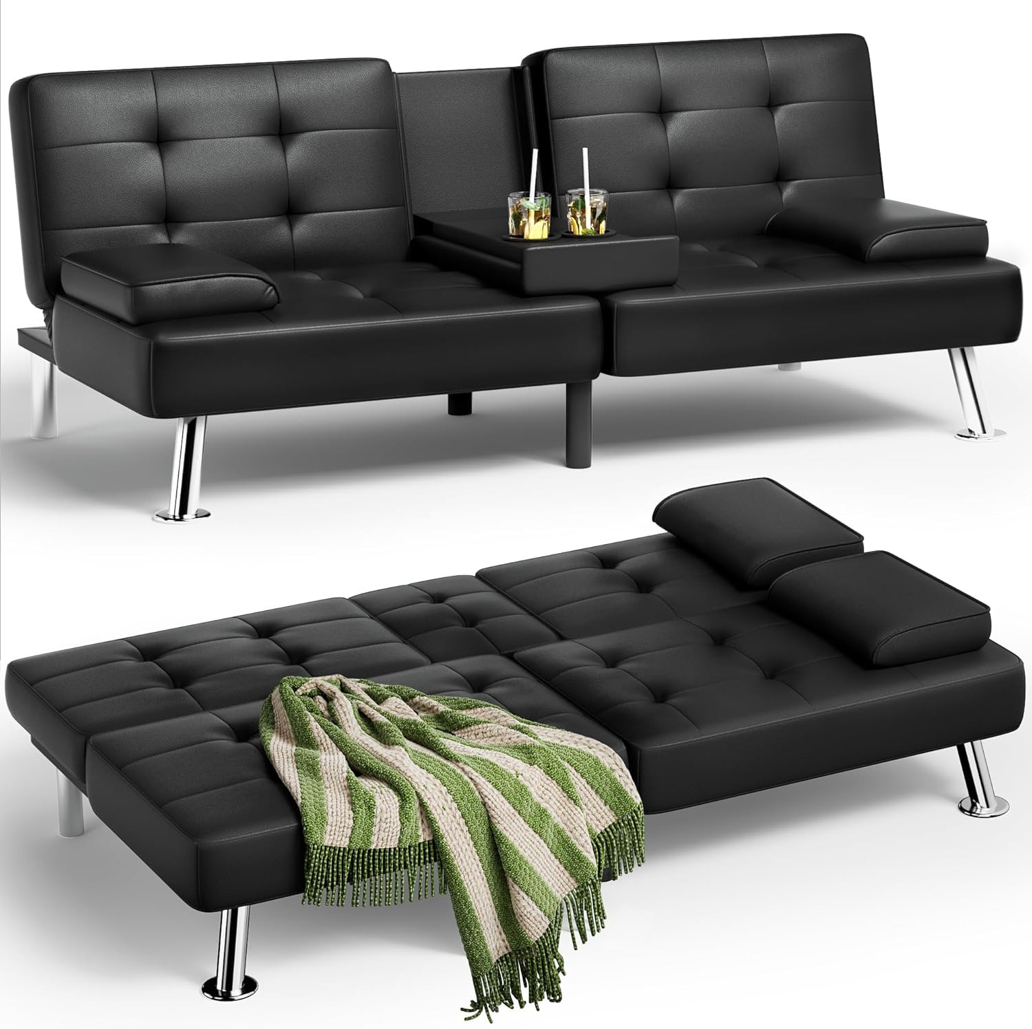 Faux Leather Sofa Bed Convertible Futon Sofa with 2 Throw Pillows Cup Holders