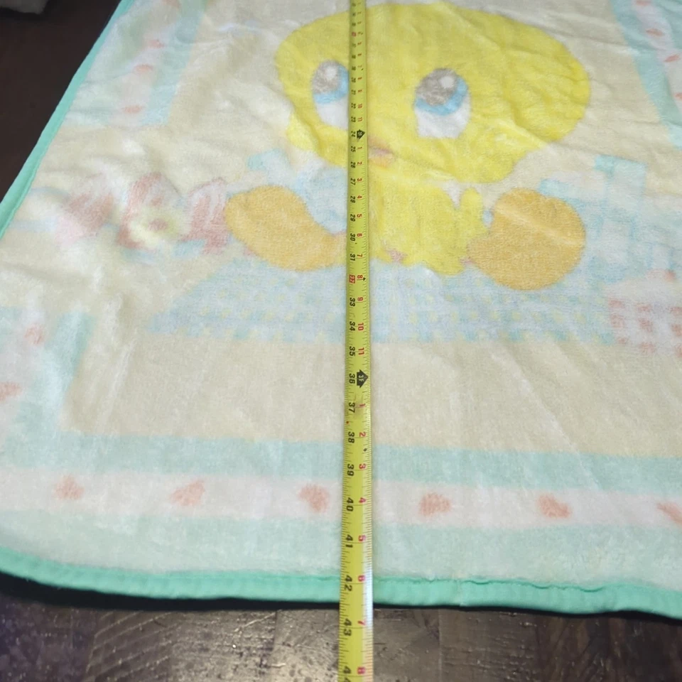 Vtg Baby Looney Tunes Crib Blanket Throw Soft Tweety Bird Pastel Mint Green 2002 - Image 3 of 4
