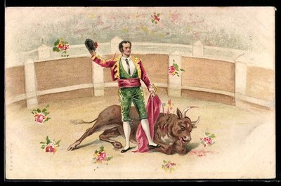 Lithographie Matador und besiegter Stier, Torero, Corrido, Stierkampf 1903 
