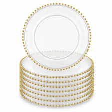 Clear Charger Plates with Gold Beaded Rim 13 Inch Decorative Wedding Dinner Tabl