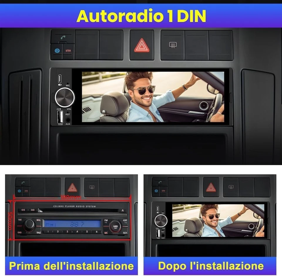 Autoradio 1 DIN con Schermo Wireless CarPlay & Android Auto Bluetooth FM AM RDS - Immagine 2 di 4