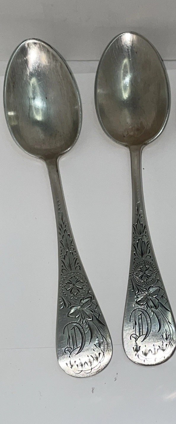 Antique Engraved Floral Cut STERLING SILVER Spoons (x2)