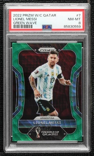 2022 Panini Prizm World Cup Qatar Green Wave Prizm Lionel Messi #7 PSA 8 0ws1