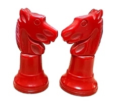 2 Vintage Red Bakelite Chess Knights Screw Apart Solid