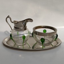 Jugendstil Kännchen Schale Tablett antik um 1900 Aufschmelzung grün Glas Metall