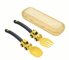 Cute Kids Toddler Utensils Construction set. Fork and Spoon with case. Yellow