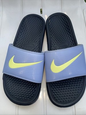 Nike Womens Slide Sz 9 Benassi Swoosh fluorescent yellow & Light blue periwinkle