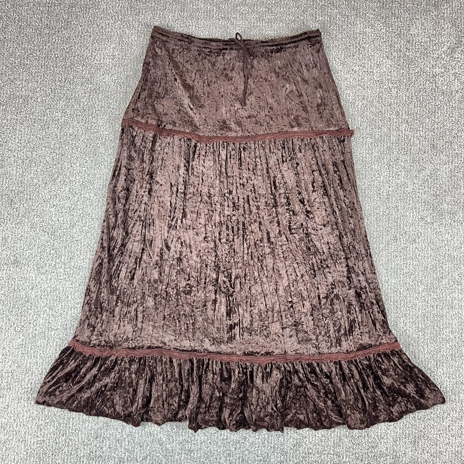Vintage Skirt Womens Medium Brown Crushed Velvet Peasant Boho 90s USA Whimsigoth
