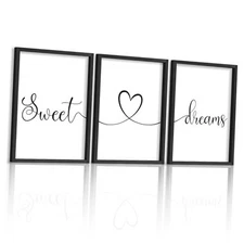 Ronasip Sweet Dreams Wall Decor for Bedroom Set of 3 Framed Wall 11"x14" Black