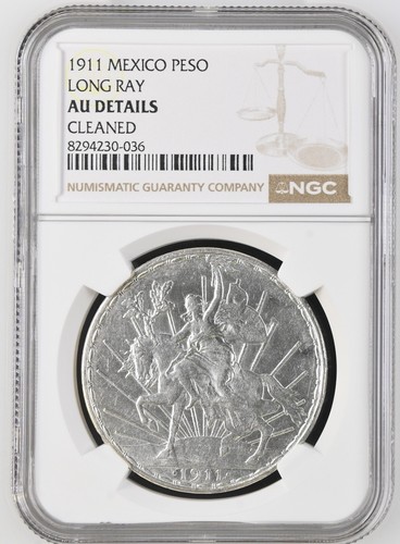 Caballito Un Peso 1911 LONG Ray Mexico Silver Coin - NGC AU Details