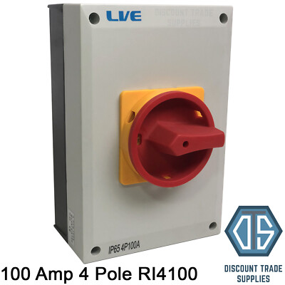 Live IP65 Wetterfester Drehtrennschalter 100 Amp 4-polig RI4100 230 Volt