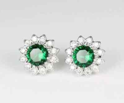 2CT Lab-Created Emerald Round Cut Stud 925 Silver Earring 14K White Gold Plated