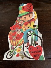 Vtg Die Cut Valentines Day Card Boy Riding Bike Flowers Blue Bird Made In USA