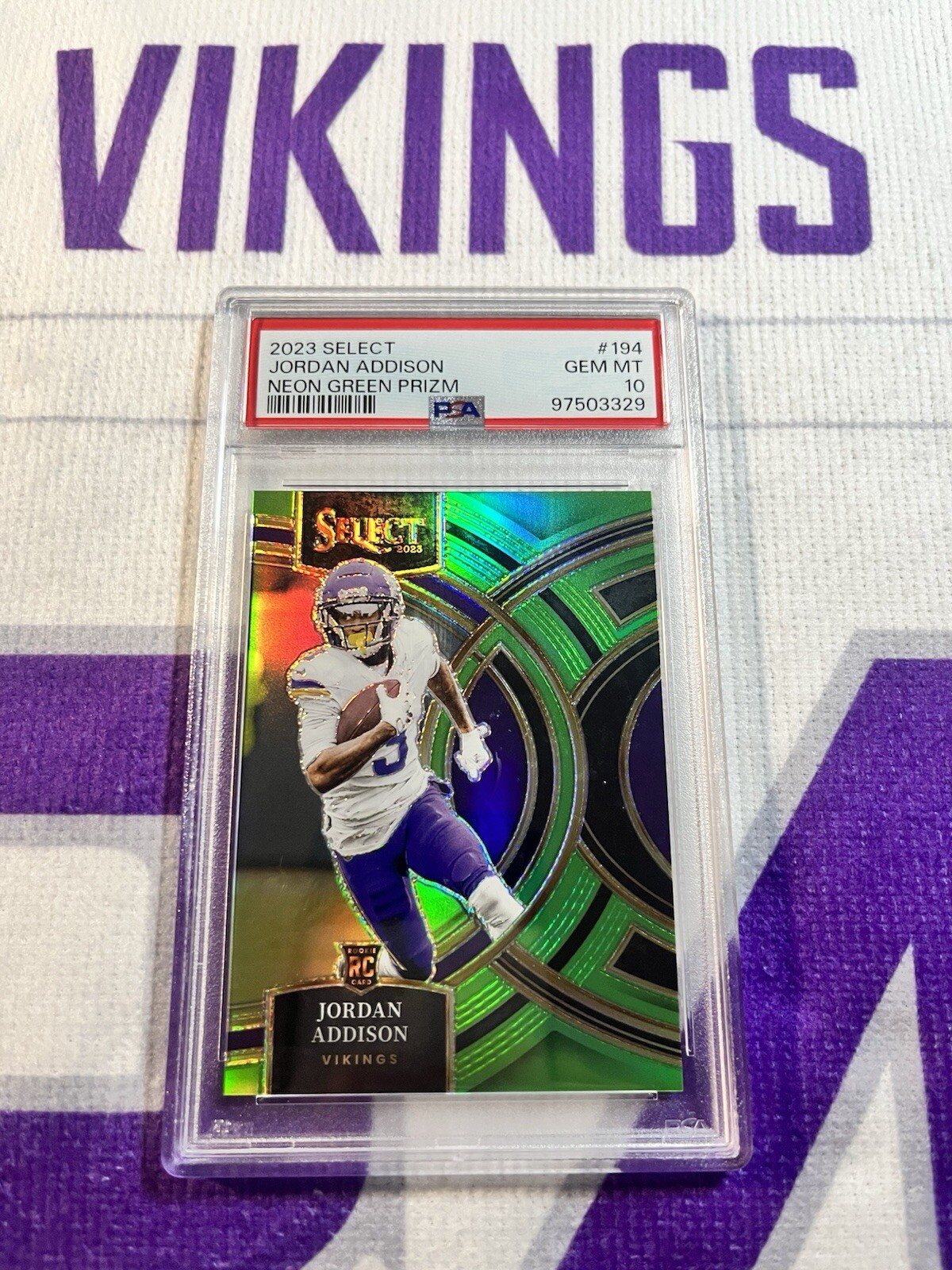 2023 Panini Select Jordan Addison #194 Neon Green Prizm /49 PSA 10