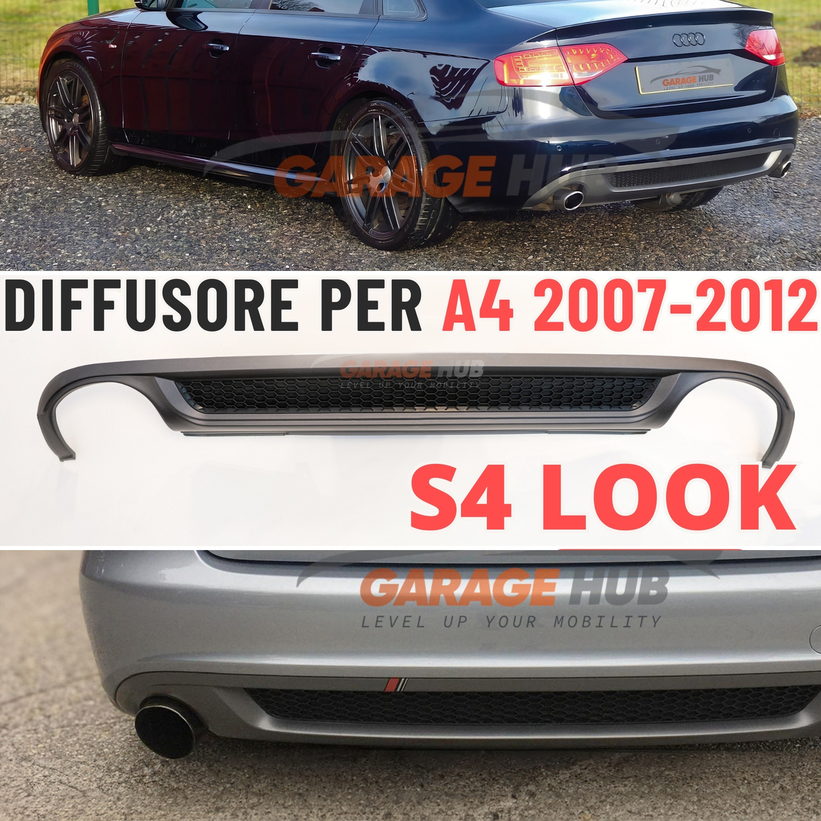 DIFFUSORE S4 look per ->AUDl A4✨B8 2007-2012 POSTERIORE SOTTO PARAURTI ABS OPACO
