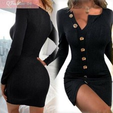 Women Sexy Jumper Bodycon Mini Dresses Button Dress Knitted Clubwear Long Sleeve
